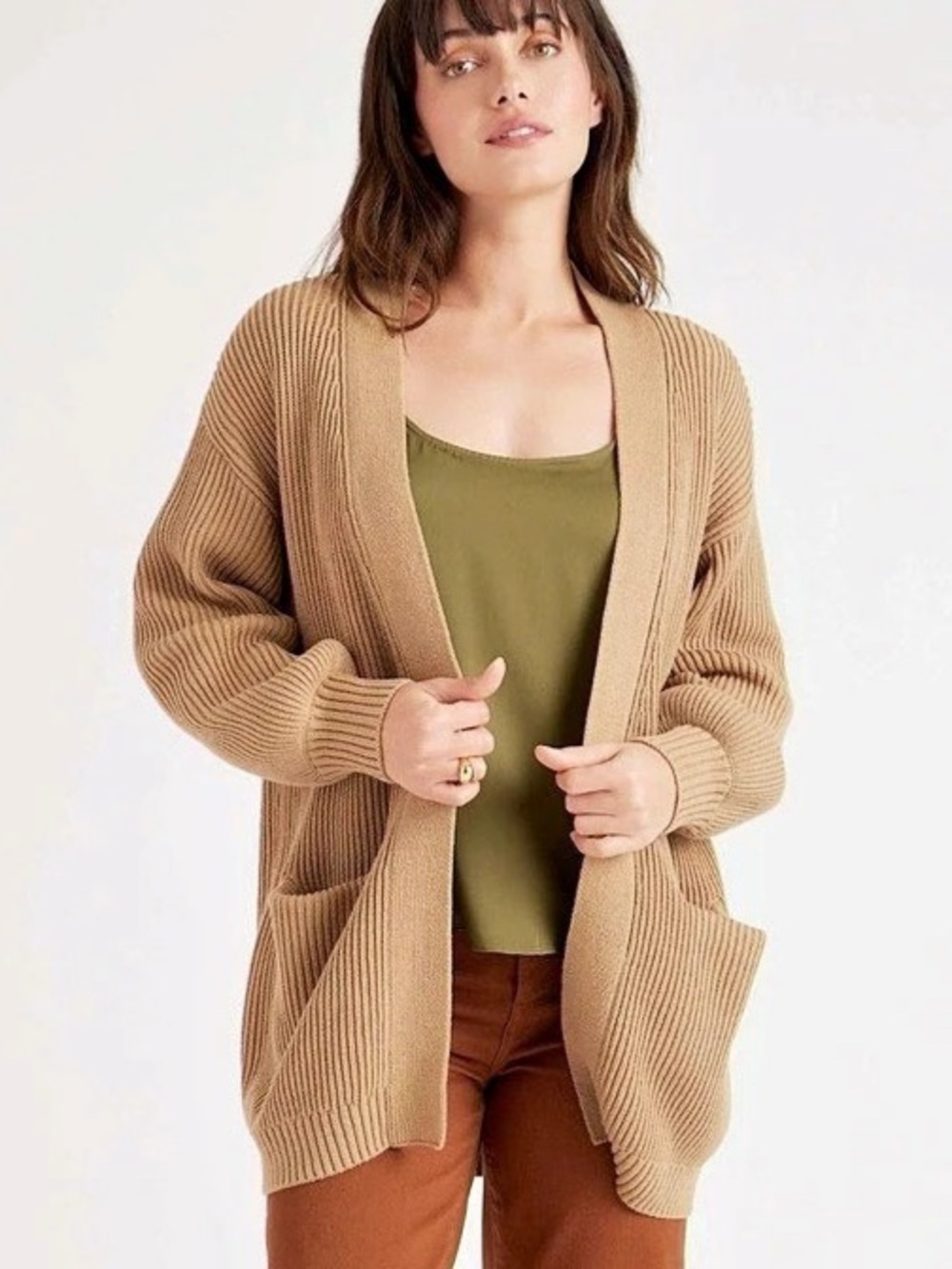 Quince 100% Organic Cotton Oversized slouchy open front Cardigan Ribbed Brown